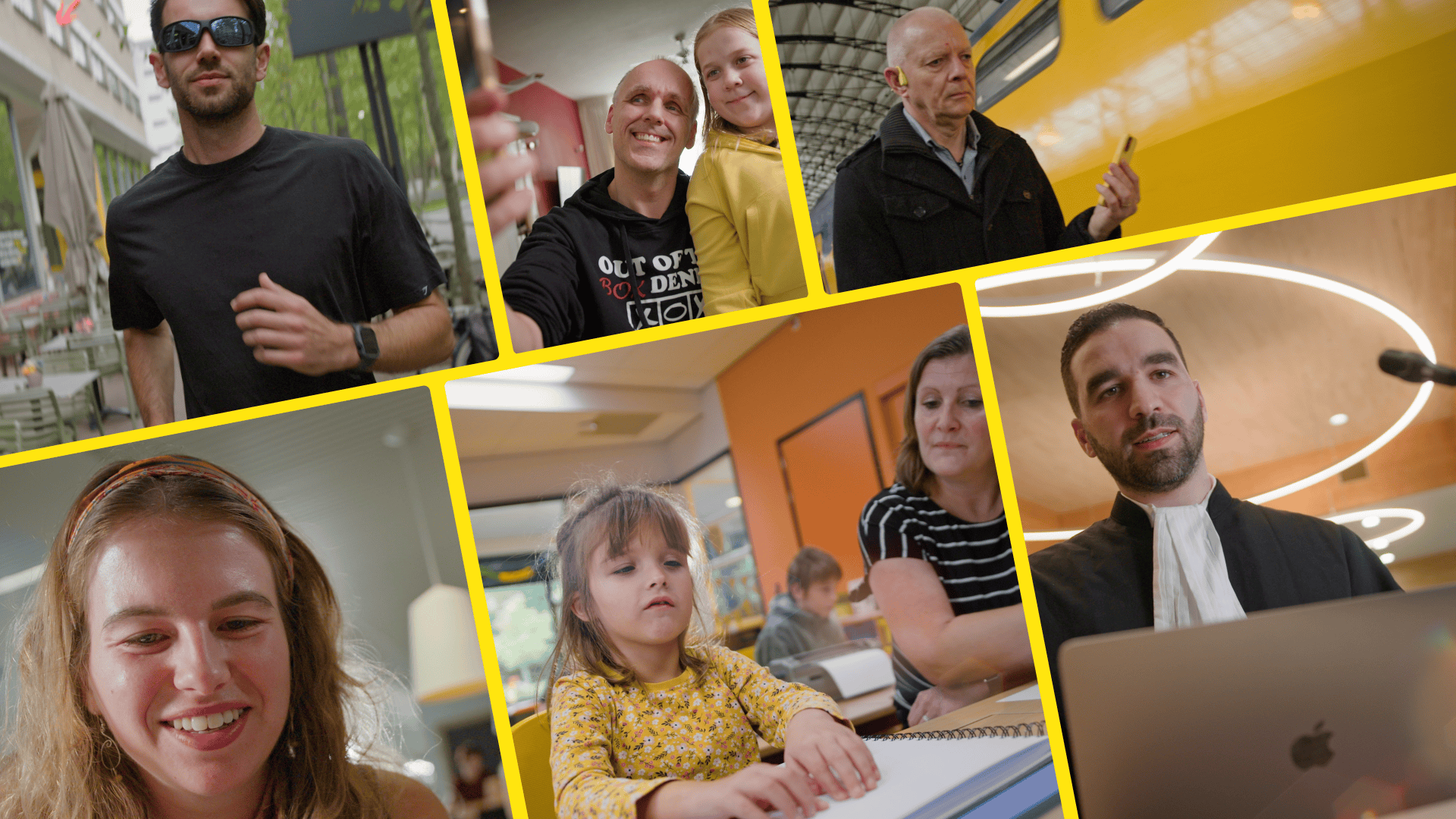 De afbeelding is een collage van zes verschillende mensen uit de video. Van linkboven naar rechtsonder zijn te zien: Joost, Stefan, Fred, Hanna, Elena en Faruk. De afbeelding is een collage van zes verschillende mensen uit de video. Van linkboven naar rechtsonder zijn te zien: Joost, Stefan, Fred, Hanna, Elena en Faruk.