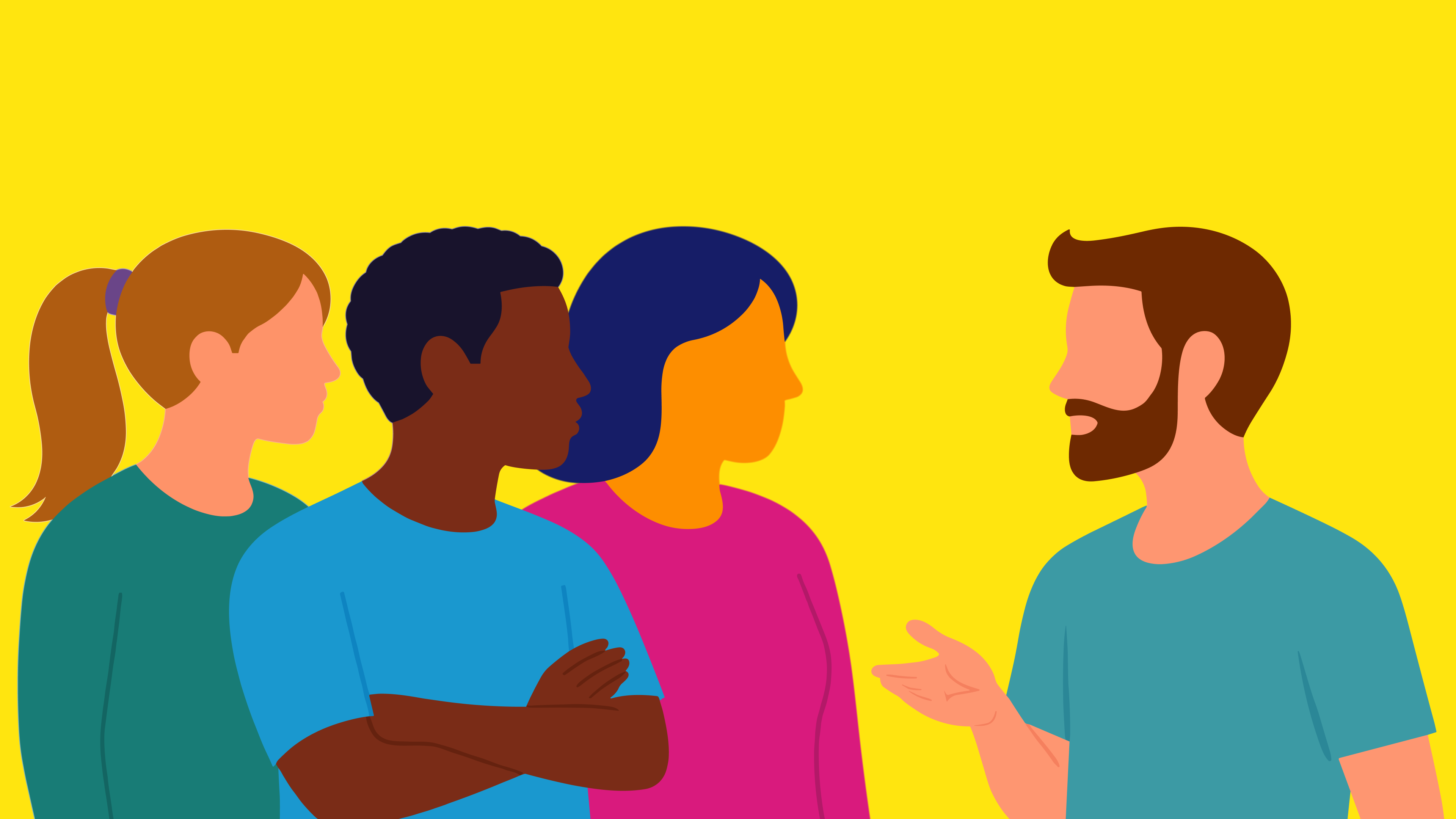 Illustratie van een man met een baard (rechts) die iets uitlegt aan een groepje van drie mensen. Illustratie van een man met een baard (rechts) die iets uitlegt aan een groepje van drie mensen.