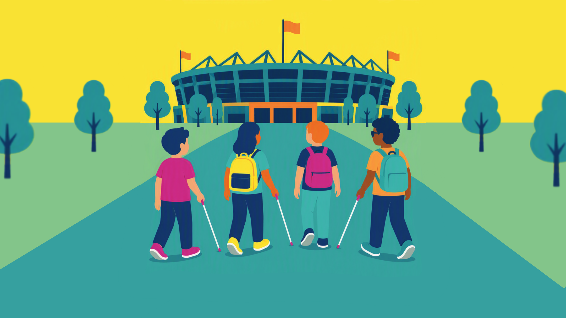 Illustratie van vier kinderen, waarvan drie met taststok, die naar een stadion toe lopen. Illustratie van vier kinderen, waarvan drie met taststok, die naar een stadion toe lopen.