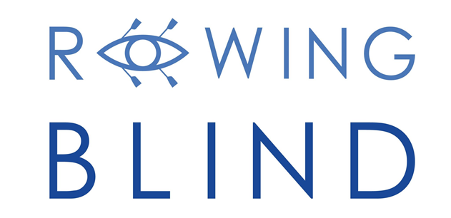 Logo Rowing Blind. Blauwe letters op witte ondergrond.