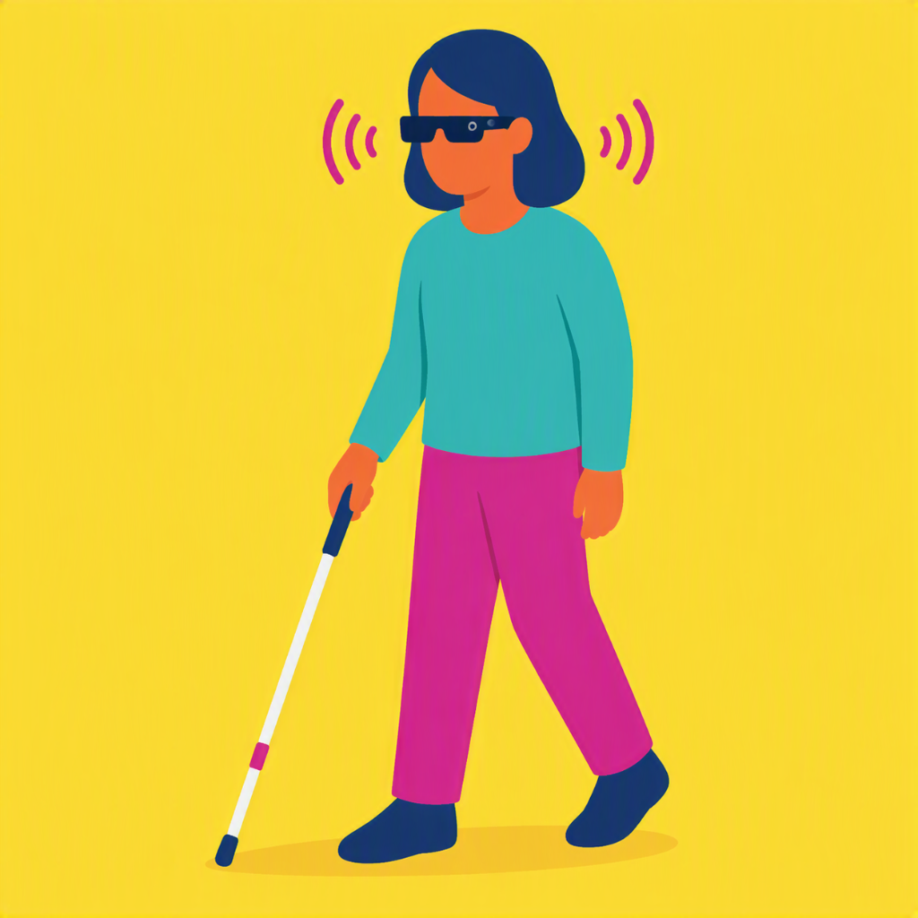 Een illustratie van een vrouw. Ze draagt een meta-bril en loopt met een taststok. Een illustratie van een vrouw. Ze draagt een meta-bril en loopt met een taststok.