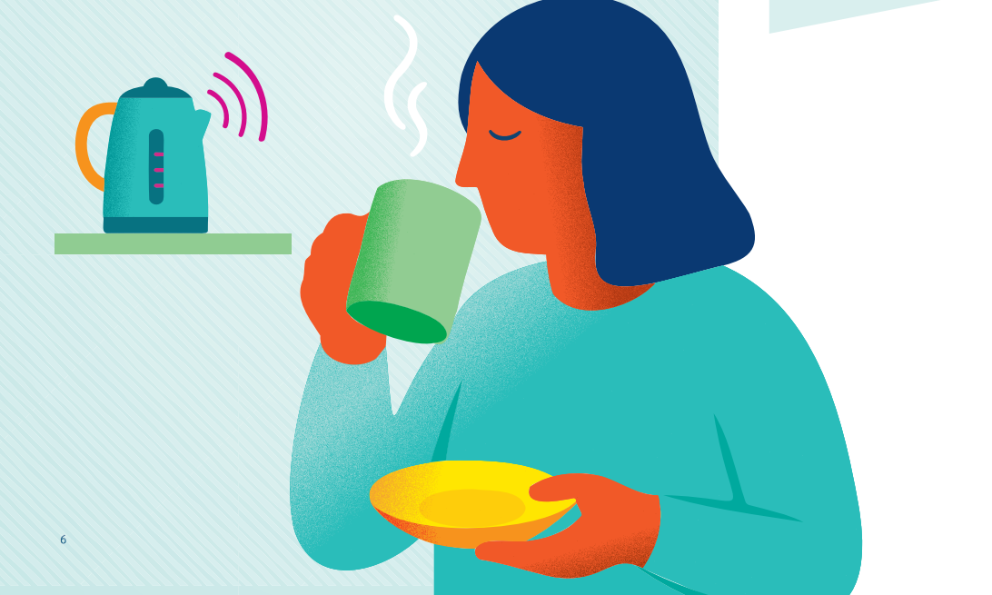 Illustratie van een vrouw. Ze drinkt een kopje thee. Achter haar staat een waterkoker, die het signaal geeft dat het klaar is. Illustratie van een vrouw. Ze drinkt een kopje thee. Achter haar staat een waterkoker, die het signaal geeft dat het klaar is.