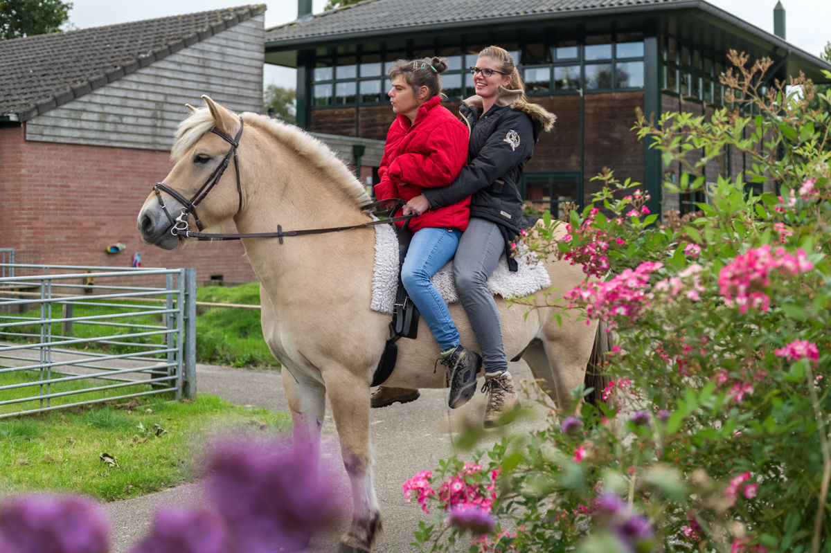 Cliënt en medewerker rijden samen op een paard Cliënt en medewerker rijden samen op een paard