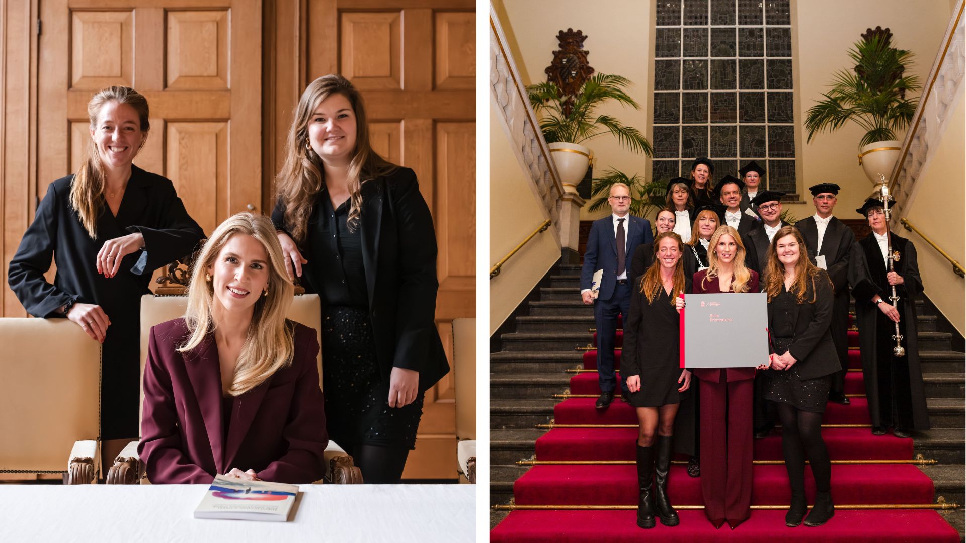 Twee foto's van de verdediging van Vera Linde Dol. Foto 1: Vera poseert zittend aan tafel, achter haar staan twee dames. Op tafel ligt haar proefschrift. Foto 2: Vera poseert op een trap met rode loper na haar verdediging en houdt haar doctoraatsbul vast. Ze poseert samen met een groep mensen die meewerkten aan haar promotieonderzoek. Twee foto's van de verdediging van Vera Linde Dol. Foto 1: Vera poseert zittend aan tafel, achter haar staan twee dames. Op tafel ligt haar proefschrift. Foto 2: Vera poseert op een trap met rode loper na haar verdediging en houdt haar doctoraatsbul vast. Ze poseert samen met een groep mensen die meewerkten aan haar promotieonderzoek.