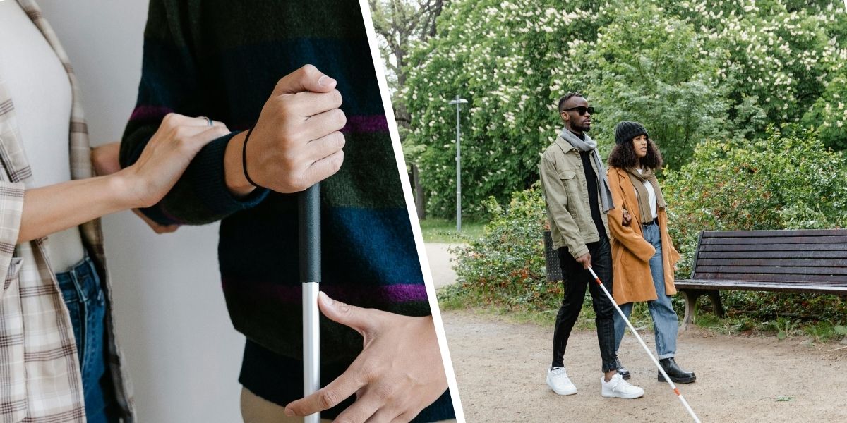 Foto A: Vrouw legt haar hand op onderarm van een man met taststok. Foto B: man met taststok en een vrouw wandelen door het park