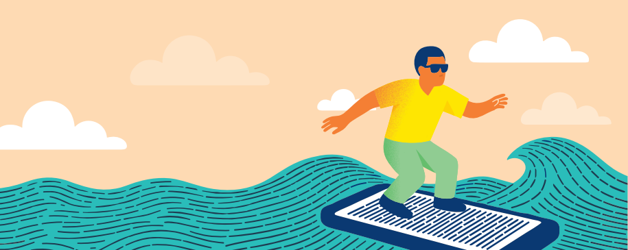 Illustratie van een man die op golven surft. Zijn surfboard is een telefoon. Illustratie van een man die op golven surft. Zijn surfboard is een telefoon.