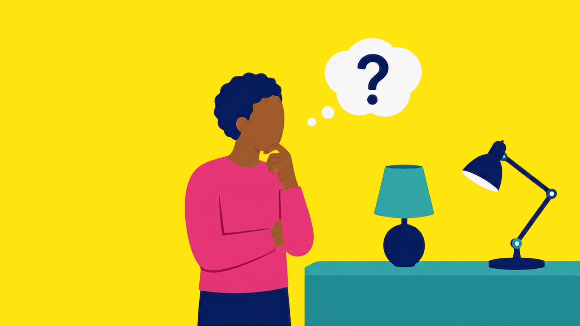 Illustratie van een persoon die nadenkt over verlichting, met een vraagteken in een gedachtewolk en twee verschillende lampen op tafel. Illustratie van een persoon die nadenkt over verlichting, met een vraagteken in een gedachtewolk en twee verschillende lampen op tafel.