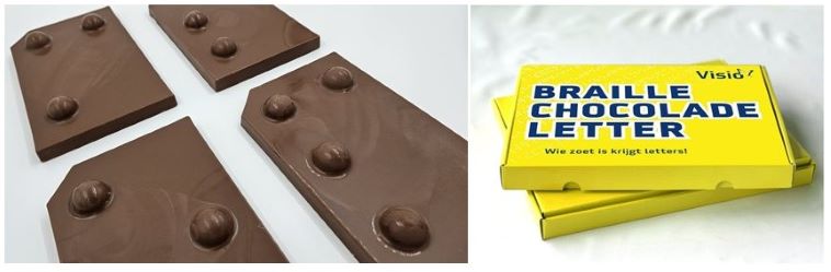 De braille chocoladeletter en het bijbehorende gele doosje