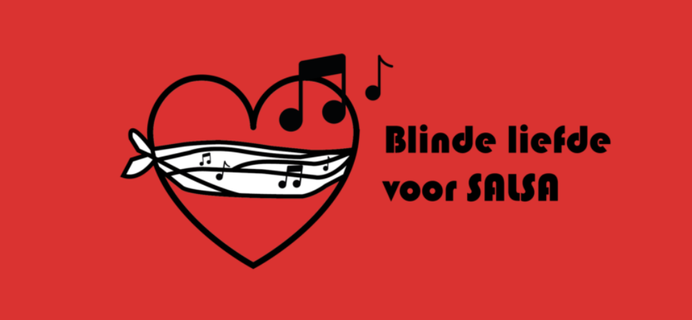 Logo Blinde liefde voor Salsa. Zwarte letters op rode ondergrond.