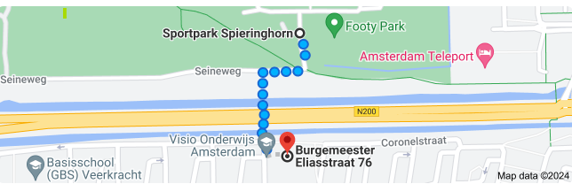 Schermafbeelding van Google Maps, looproute vanaf de parkeerplek naar Visio Onderwijs Amsterdam