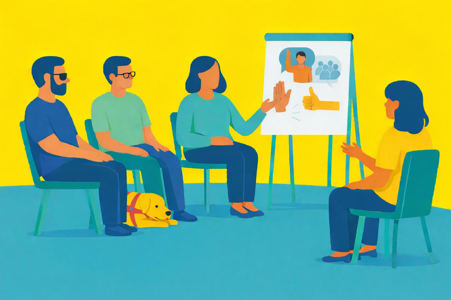 Abstracte illustratie van een groepstraining met een kleine groep deelnemers Abstracte illustratie van een groepstraining met een kleine groep deelnemers