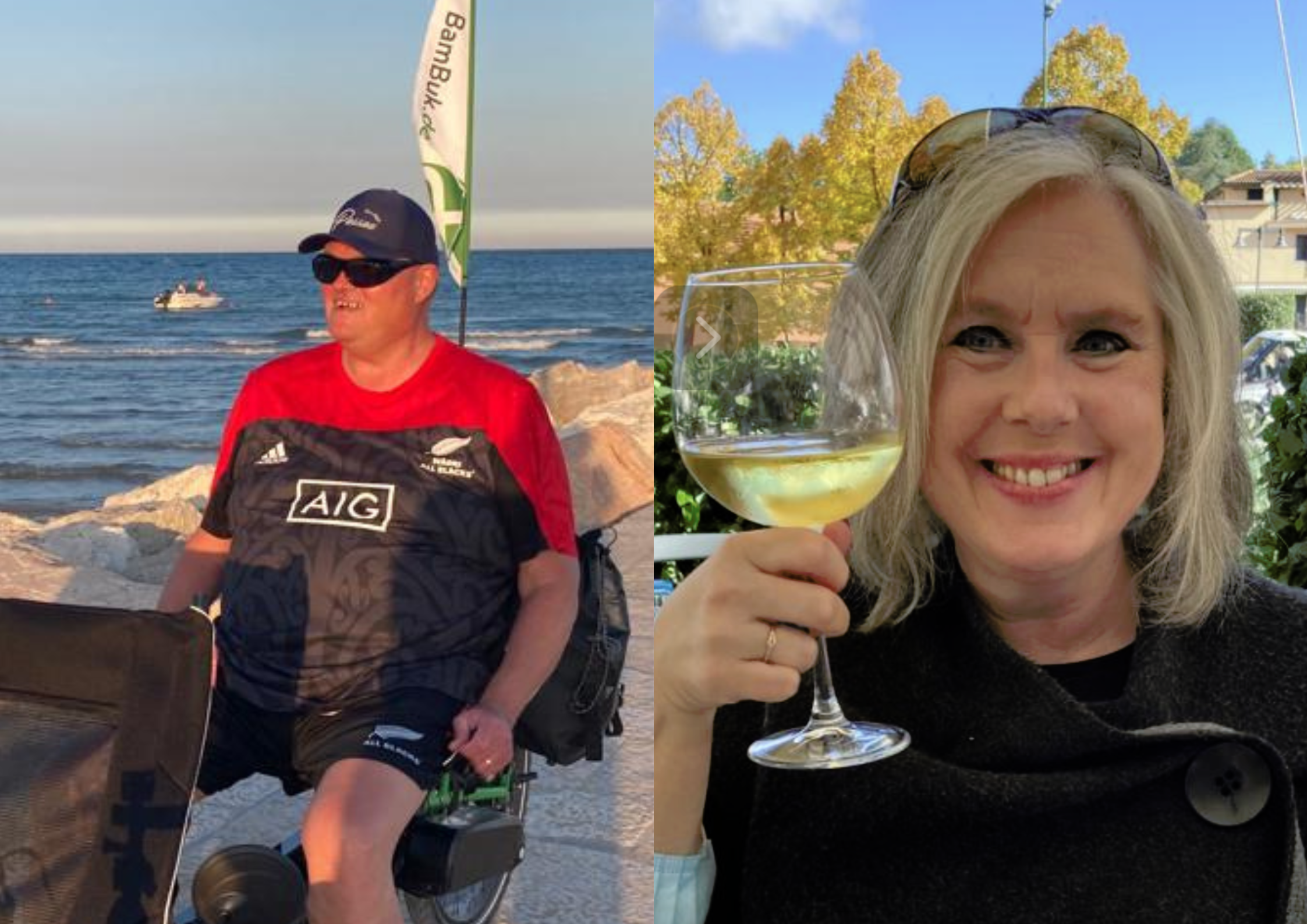 Links foto van Jack op de fiets en rechts een foto van Tineke die glimlacht met een glas witte wijn in haar hand