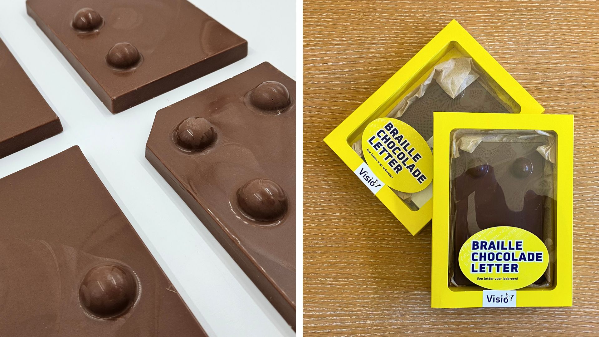 Voorbeeld van de braille chocoladeletters, los en in felgeel kartonnen doosje met transparante voorzijde