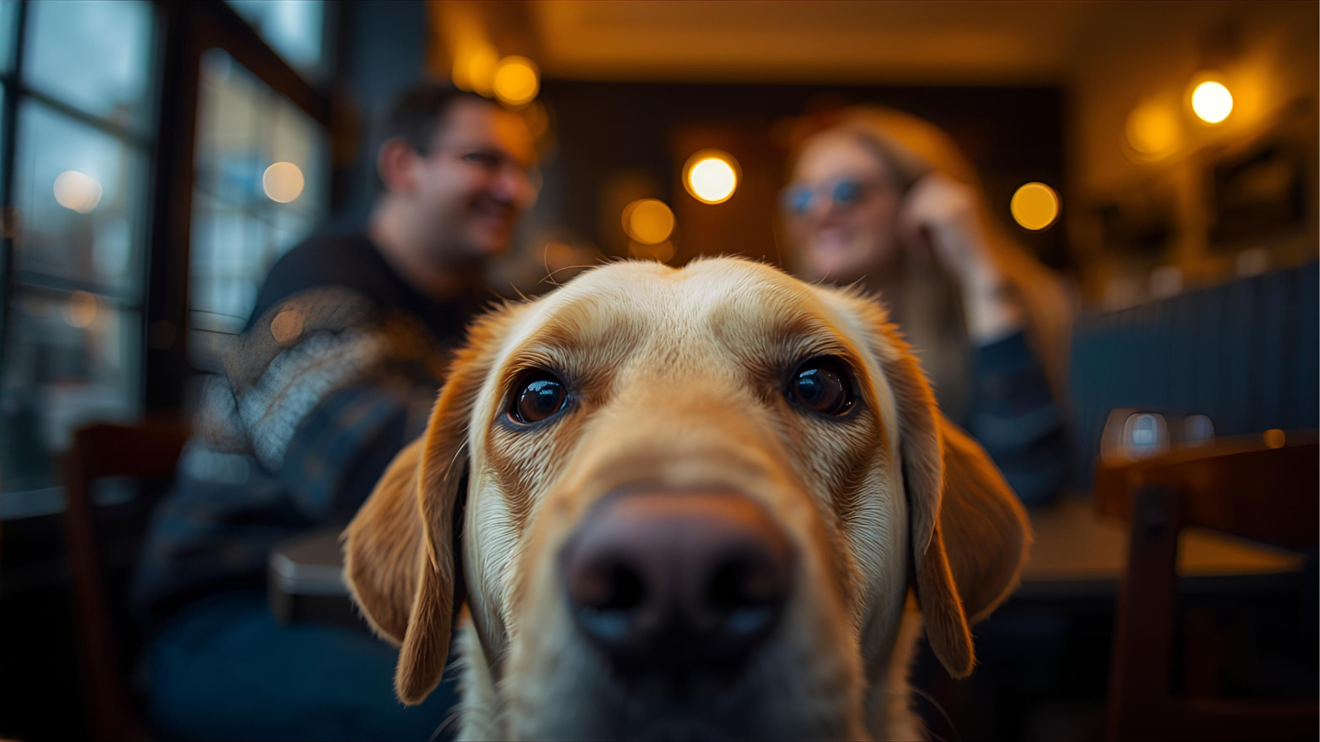 Hond met op de achtergrond een man en vrouw die samen aan tafel zitten met gezellige verlichting Hond met op de achtergrond een man en vrouw die samen aan tafel zitten met gezellige verlichting